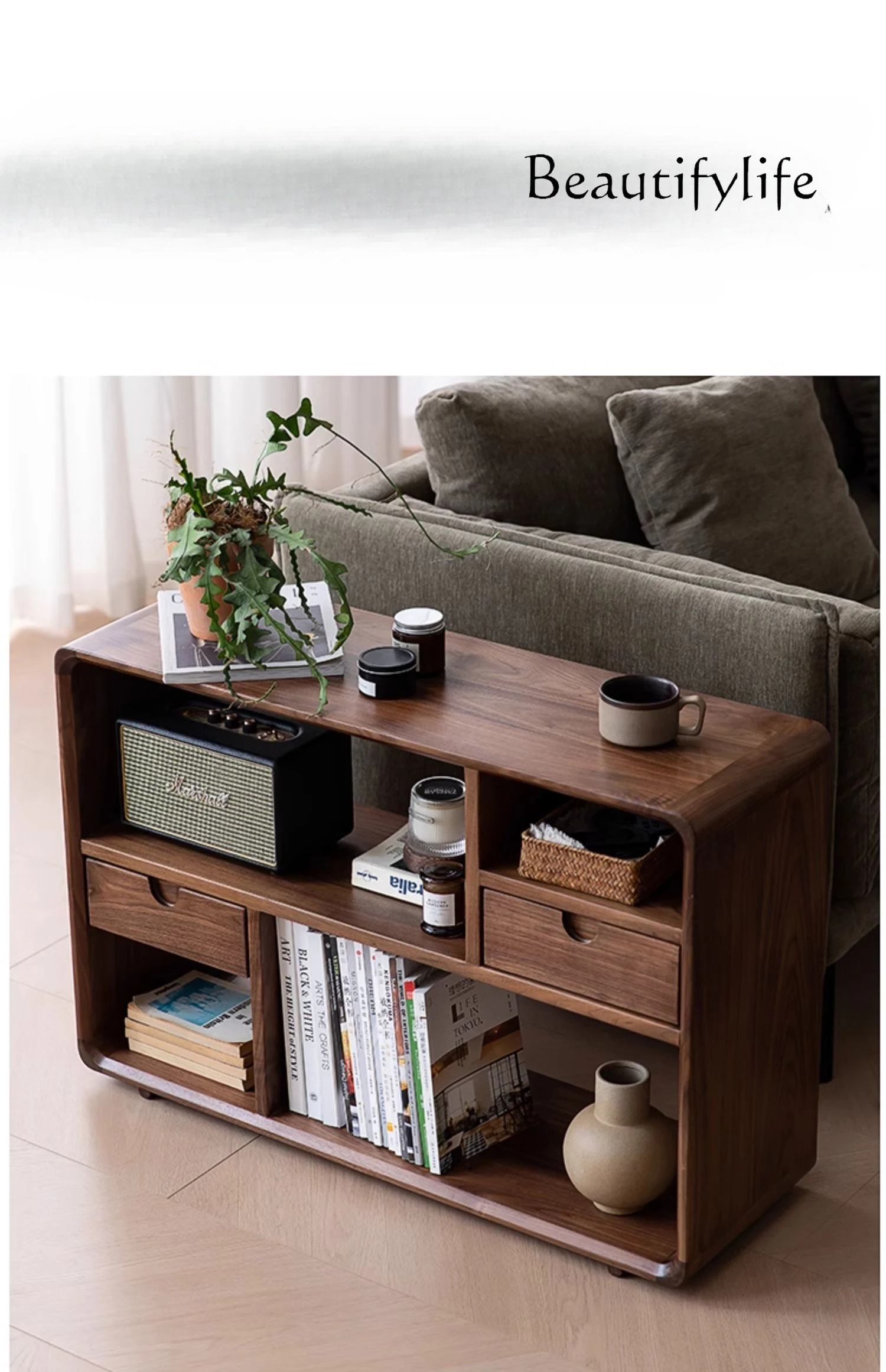 

North America Black Walnut Solid Wood Small Bookshelf Storage Rack Small Table Sofa Side Cabinet next to Sofa Side Cabinet