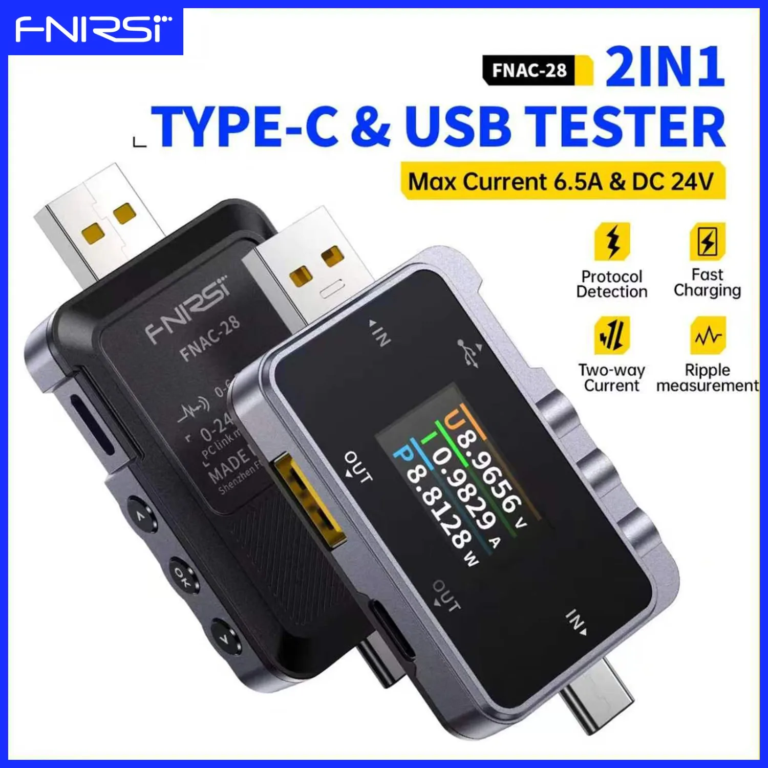 FNIRSI FNAC-28 Type-C USB Tester Fast Charging Protocol Testing Voltage Current Measuring Meter for Power Bank Charging Cable