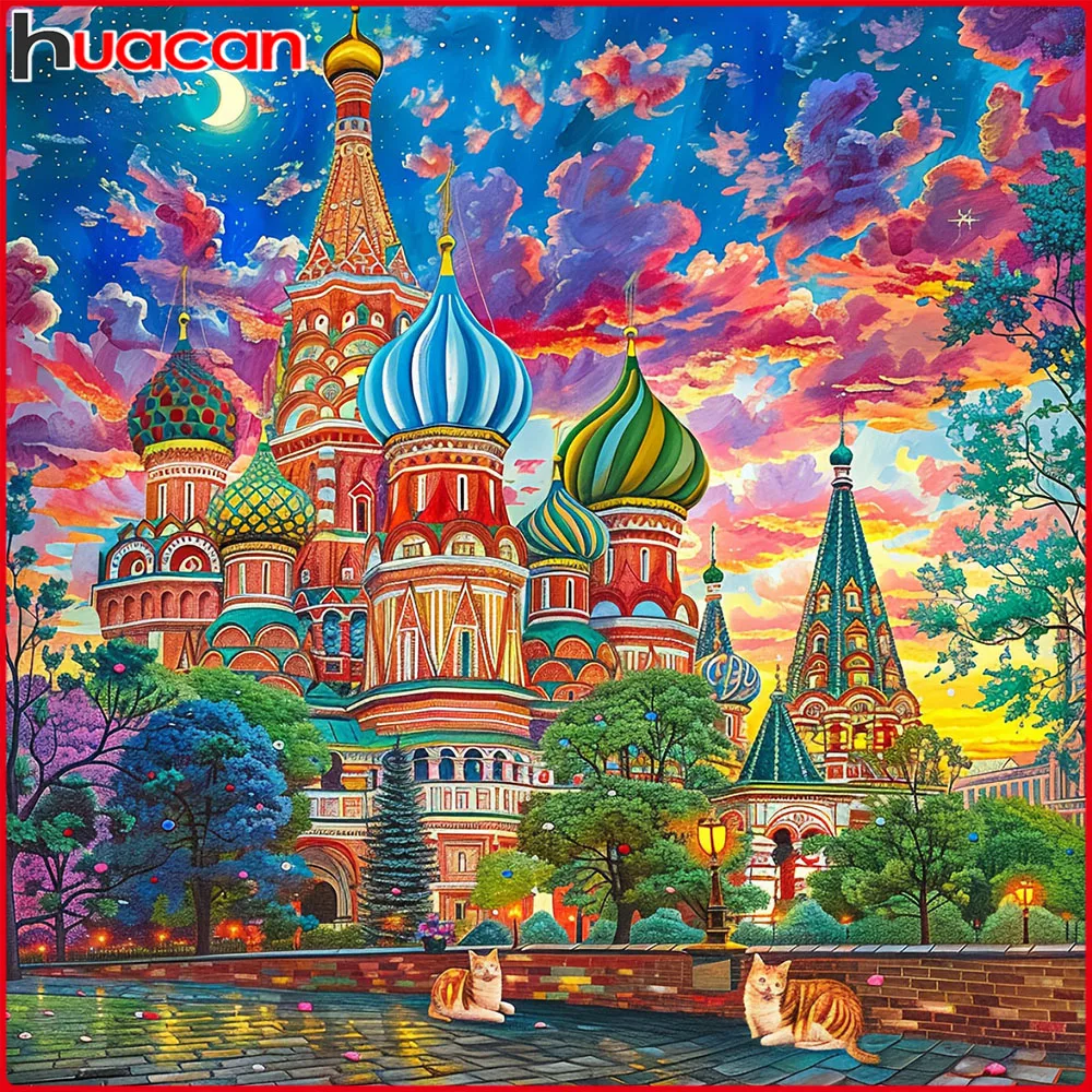 Huacan 5D DIY Diamantmalerei Kirche bei Sonnenuntergang Katze Diamantstickerei Landschaft Neue Kollektion 2026 Dekorative Gemälde