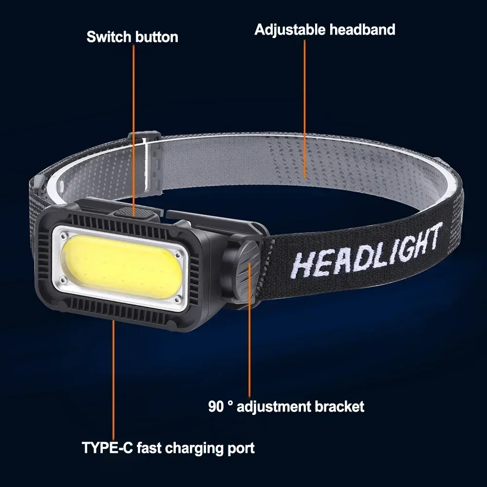 Powerful Mini COB Headlamp Type-C Charging Headlights Super Bright 500LM 18650 Head Torch Camping Emergency Waterproof Lantern