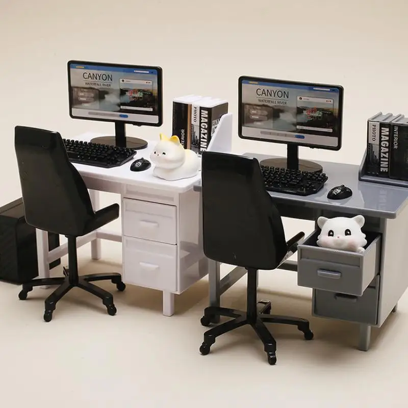 1 conjunto de casa de bonecas em escala 1/12, kit de móveis em miniatura com teclado de computador, cadeira de mesa, modelo de cena em miniatura, decoração de sala de estudo para casa