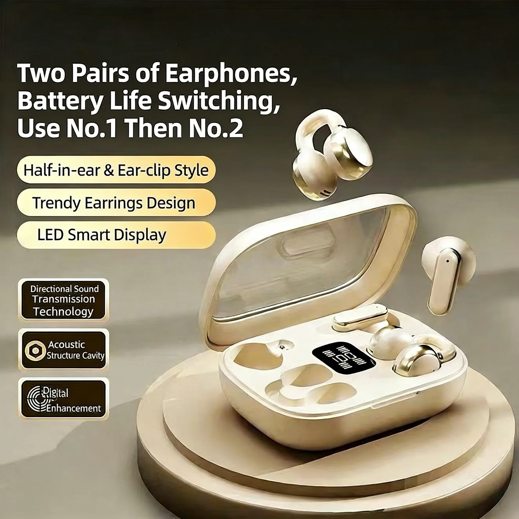 2-in-1 Wireless Earbuds,In-ear & Clip-on Dual Earphones,LED Digital Display,ENC Noise Reduction,HIFI Stereo,for Couple Share