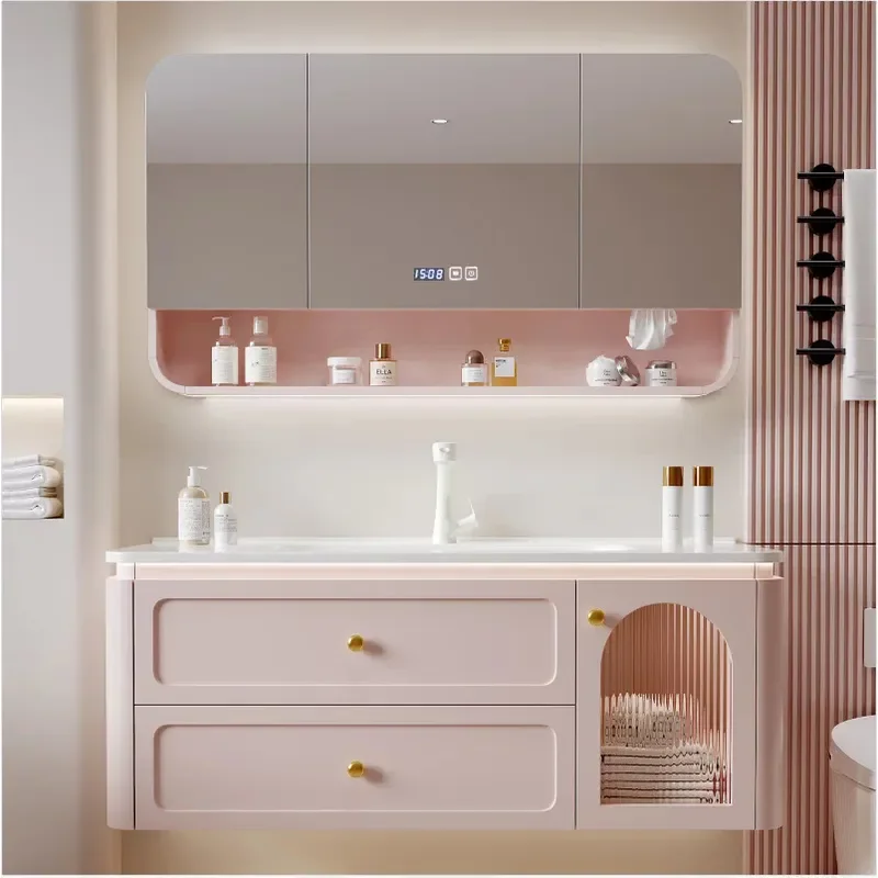 for Oak Paint Cream Skin Feeling Integrated Washbasin Bathroom Cabinet Combination Ceramic Sink Vanity Unit
