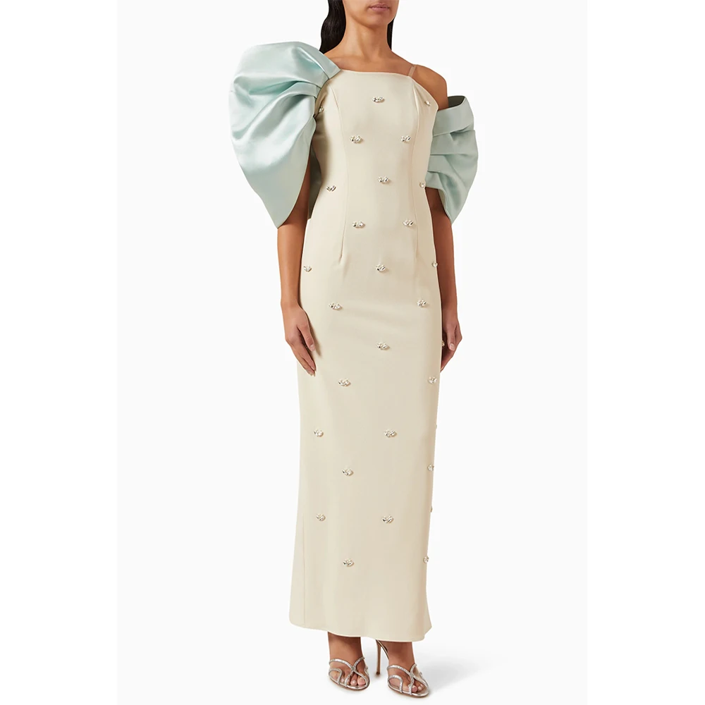 فستان سهرة كوكتيل عربي مخصص قبالة الكتف مطوي أحجار اللؤلؤ طول الكاحل فستان حفلات الزفاف فساتين الحفلات