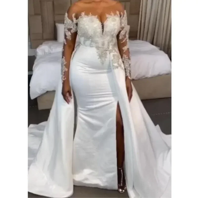 Robe de mariée africaine personnalisée, col rond, grande taille, avec traîne détachable, perles transparentes, fendue sur le côté, robe de mariée sirène en Satin