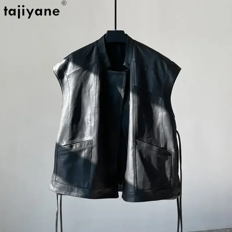 Tajiyane Real Leather Jacket Women Genuine Sheepskin Leather Coat Sleeveless Fashion Leather Vest for Women Lace Up Streetwear