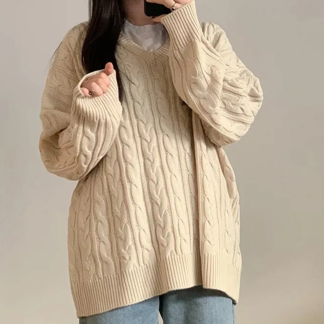 

Женский свободный вязаный свитер 2022, осень-зима Faion Lazy Sle, женский поворотный дизайн, простой топ, модный полиэстер...