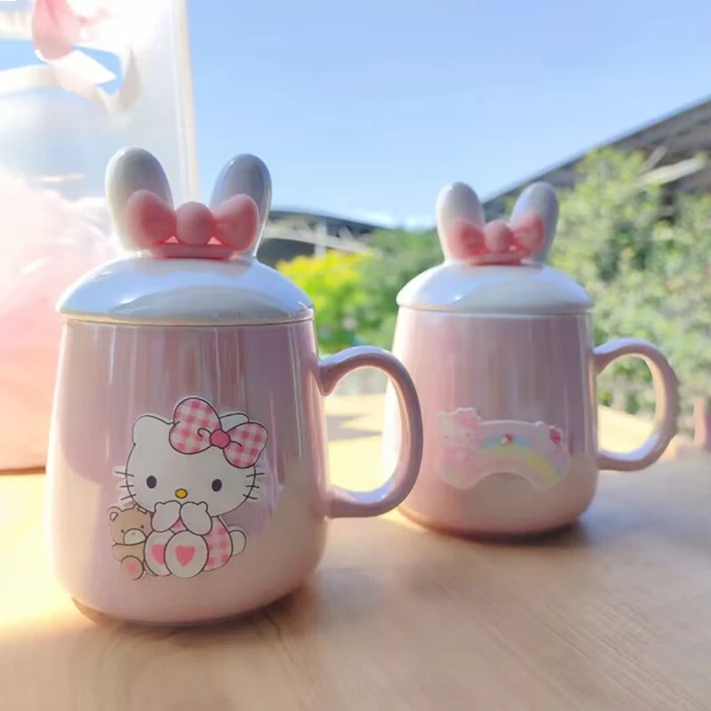 Kawaii Sanrio Hello Kitty Cute Cartoon Anime Ceramic Mark Cup Lid Spoon Milk Cup Children's Cup Girls Gifts Students Gifts