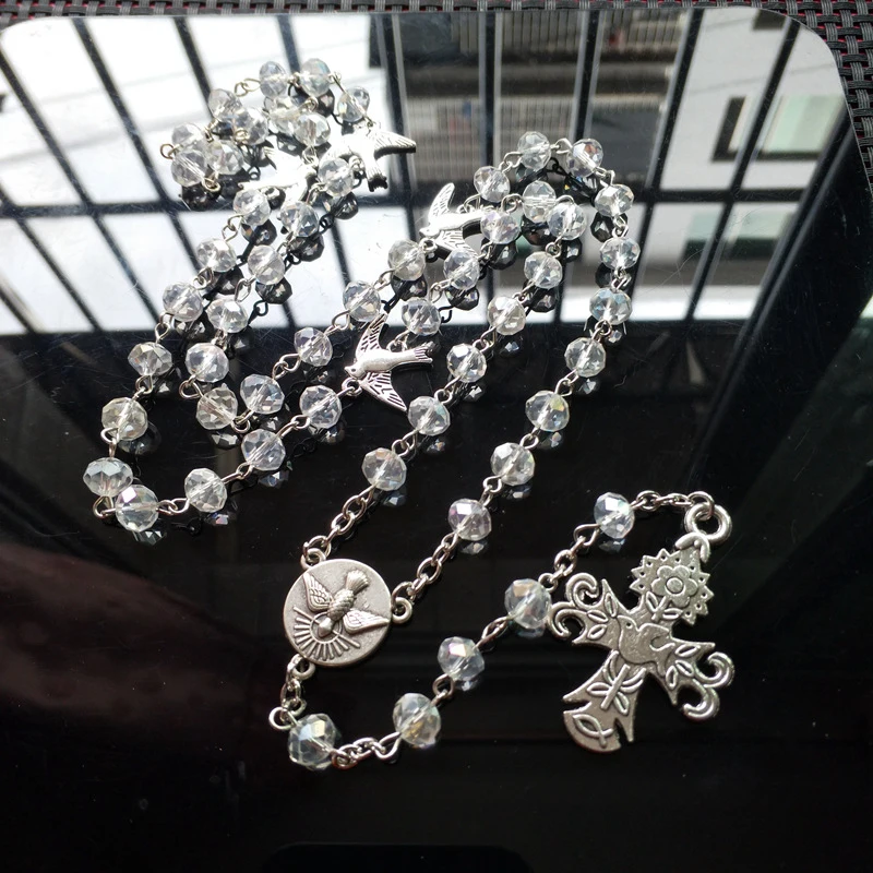 عقد خرز الروح القدس حمامة ميدالية الصليب قلادة كريستال سبحة صلاة سلسلة الكاثوليكية مجوهرات المعمودية بالتواصل