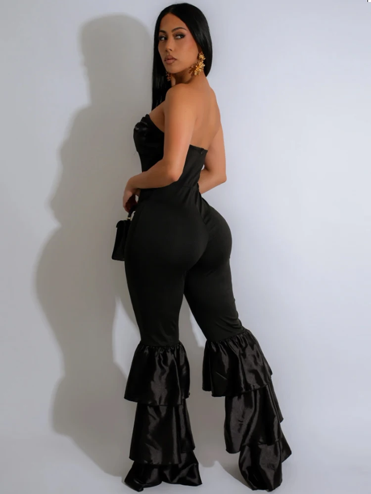 Kricesseen Dark Shadow Satin Jumpsuit Black Ruffles Women's Jumpsuit One Piece Outfits Sexy Rompers Night Clubwear Overalls