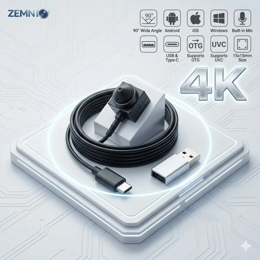 

8MP 4K / 2MP 1080P Mini USB Camera, 3.7mm 90°W Lens, Mic, UVC OTG, 15x15mm Tiny Webcam for Android iOS Windows, Indoor CCTV