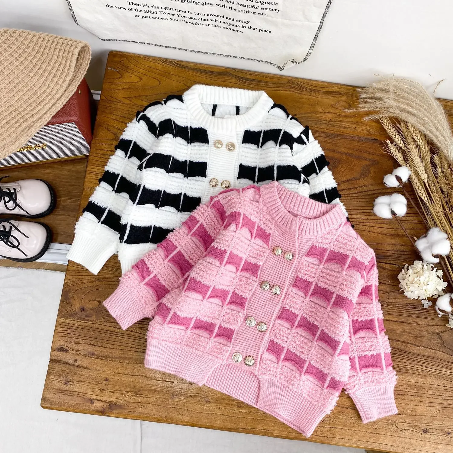 

Kids Girls Cute Cotton Sweaters 2024 New Arrival Children Pink White Striped Cardigan Autumn Winter Clothing Knitted Tops