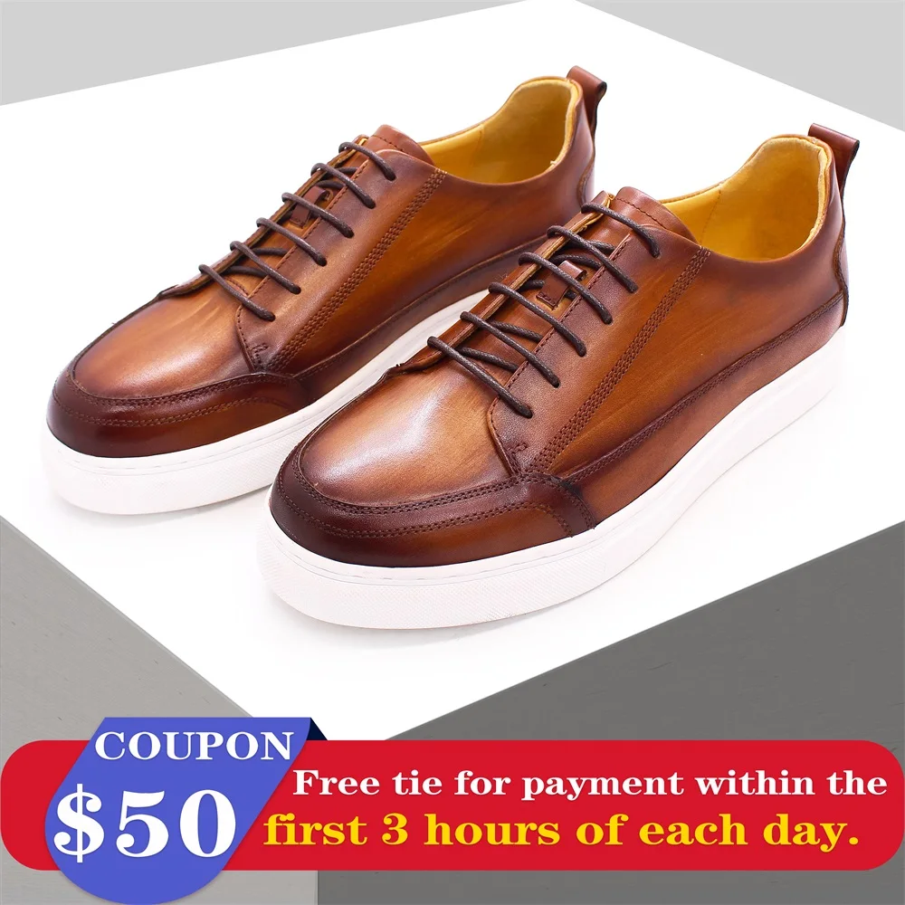 Luxury Handmade Men\'s Leather Shoes Casual Comfortable Men\'s Shoes Brown Lace-up Flat Shoes Men\'s Daily Dating Party Shoes