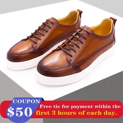 Luxury Handmade Men's Leather Shoes Casual Comfortable Men's Shoes Brown Lace-up Flat Shoes Men's Daily Dating Party Shoes