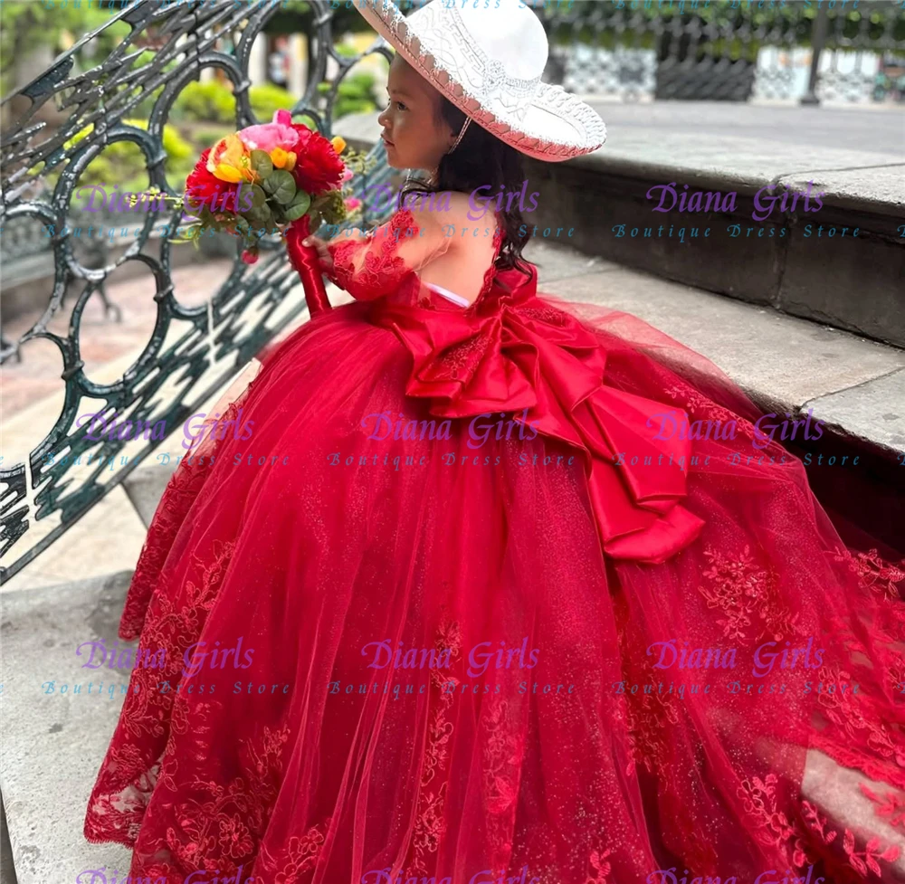 Quality Lovely Little Princess Red Flower Girl Dress Tulle Fluffy Applique for Wedding Kids Birthday Party Evening Ball Gowns