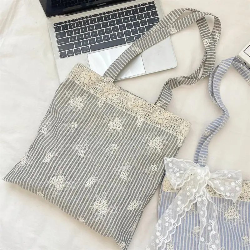 Große Tragetasche mit Spitze und Schleife im Koreanischen Stil, Einfache Canvas-Handtasche, Kawaii Stofftasche mit Großer Kapazität für Reisen – Detail 3
