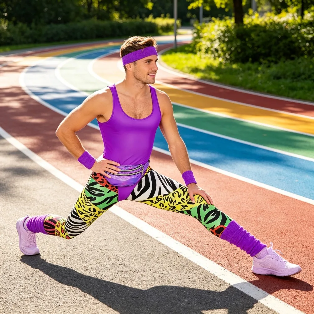7Pcs 80s Neon Bodysuit Set, Unitard with Leggings, Headband, Retro Aerobics Costume for Themed Parties,Performance & Sports
