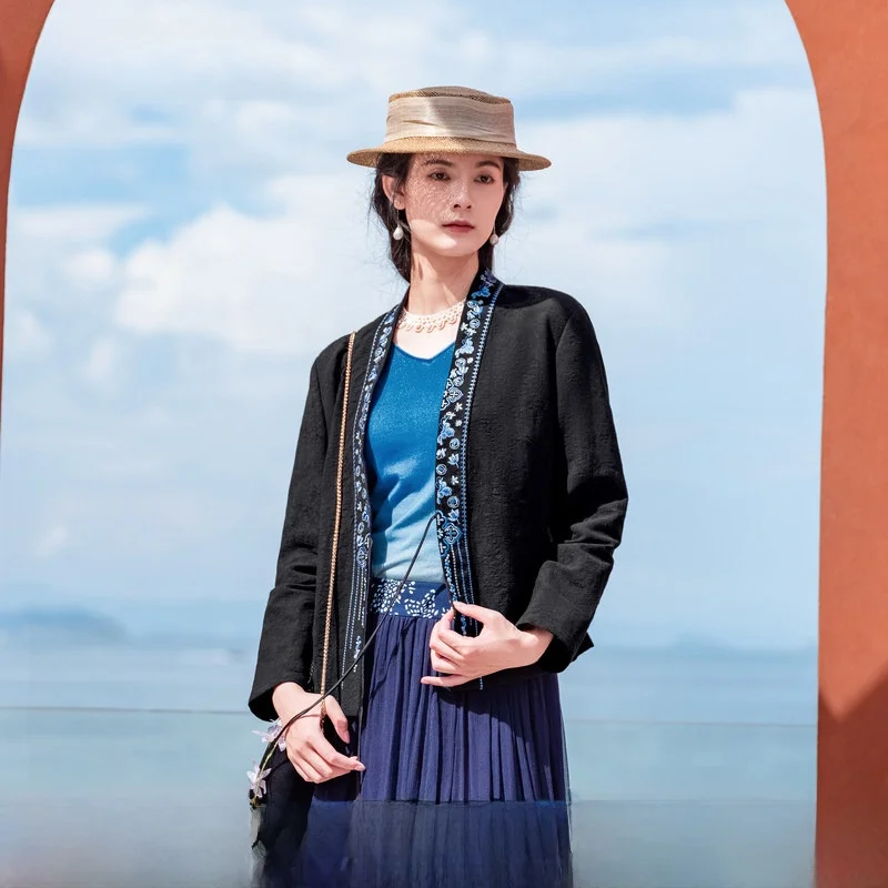 

Retro Embroidered Belted Open Cardigan Jaet Women's New Autumn Winter Faion Cotton Linen Blend Long Sve Straight Cut