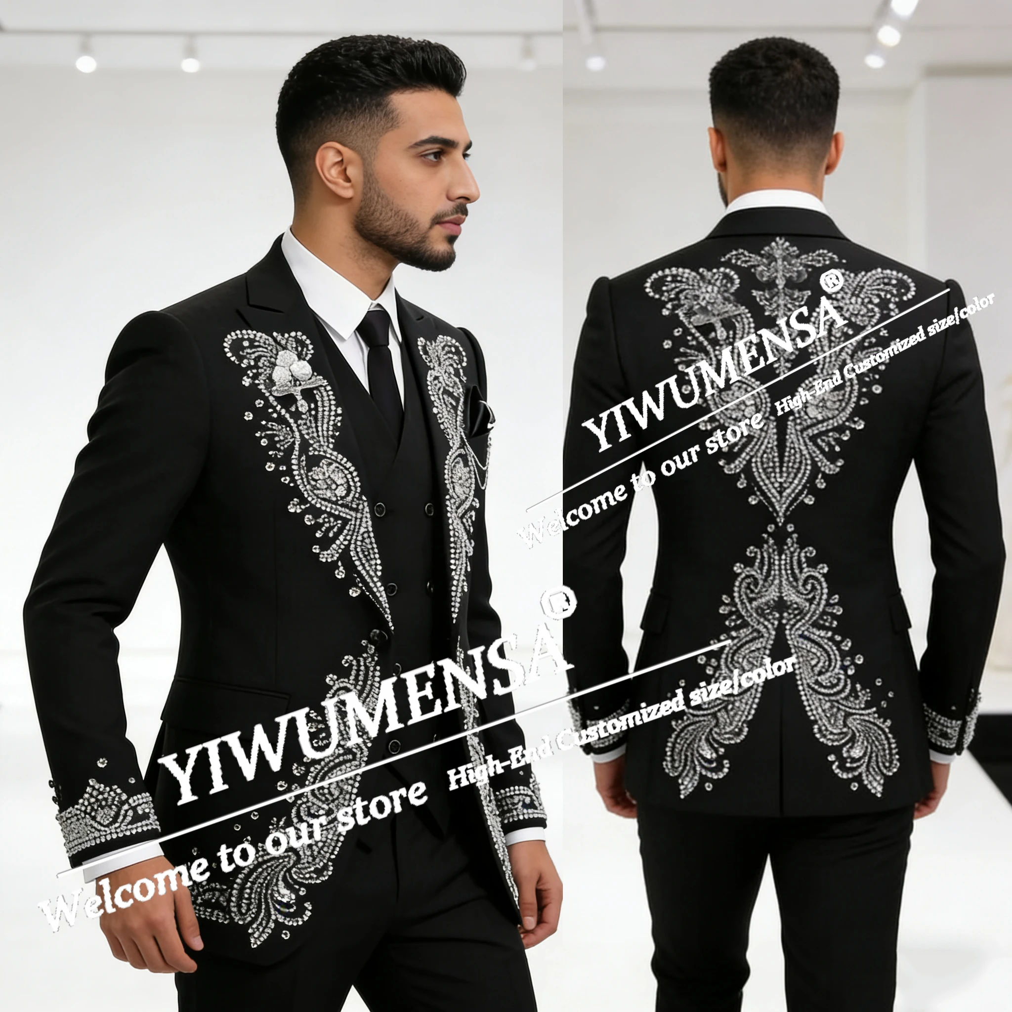 

Glittering Beaded Stones Suit Men Notched Lapel Jacket Vest Pants 3 Piece Groom Wedding Tuxedos Plus Size Customized Ropa Hombre