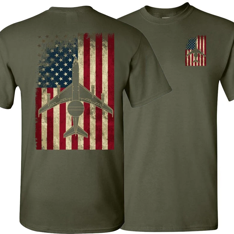 Vintage American Flag E-3 Sentry AWACS Aircraft T-Shirt. Summer Cotton Short Sleeve O-Neck Mens T Shirt New S-3XL