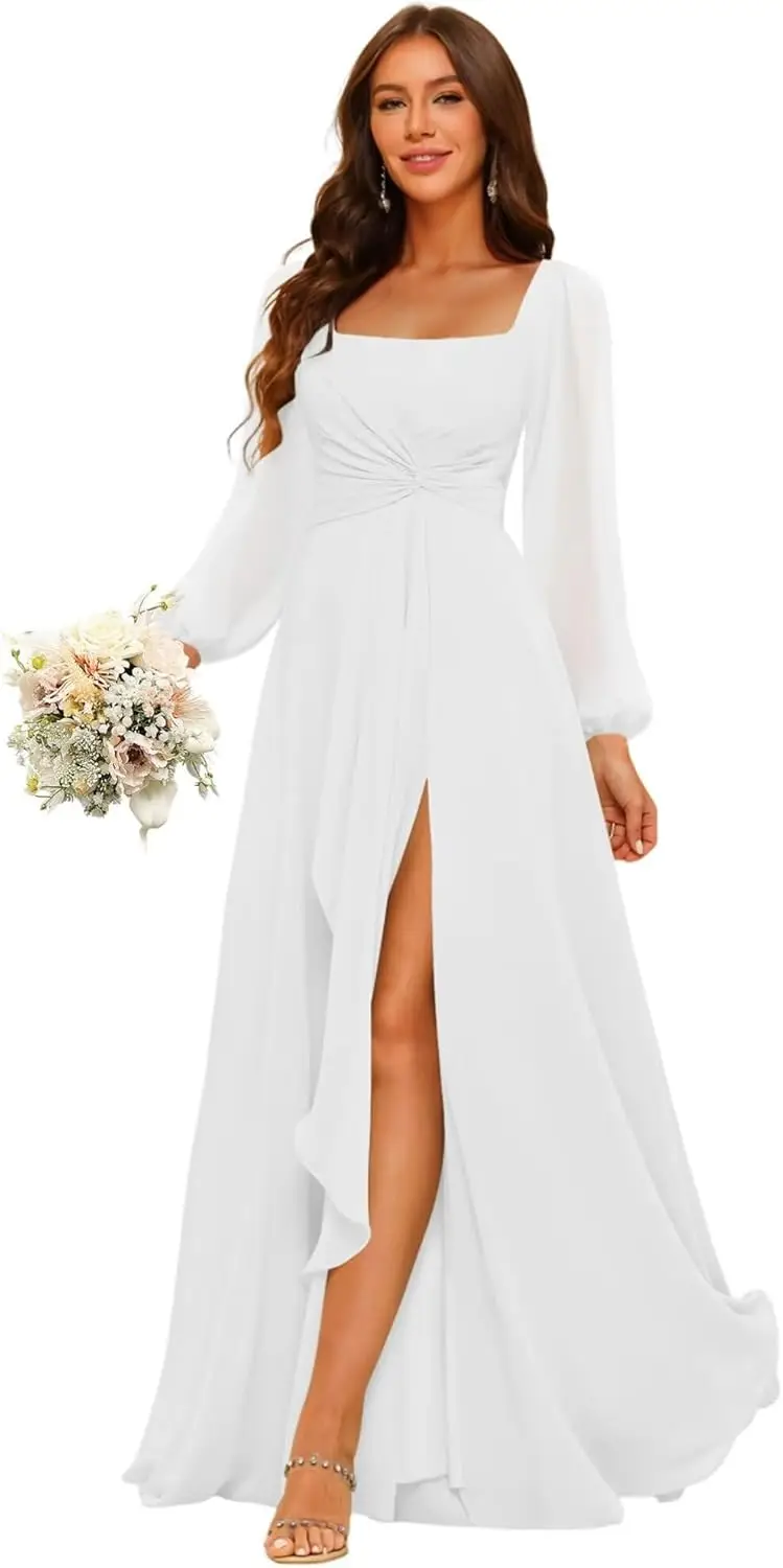 فساتين وصيفة العروس بأكمام طويلة للنساء من A Line مع شق 2025 مطوي من الشيفون للحفلات المسائية الرسمية DE521 فساتين سهرة