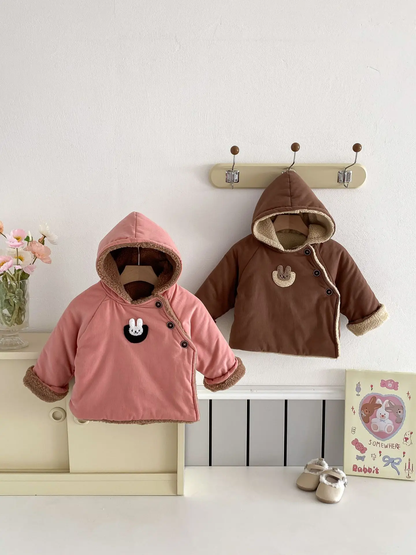 2024 Winter New Baby Girls Lamb Cashmere Hooded Coat Plus Velvet Thick Infant Boys Cute Cartoon Padded Jacket Baby Warm Clothes