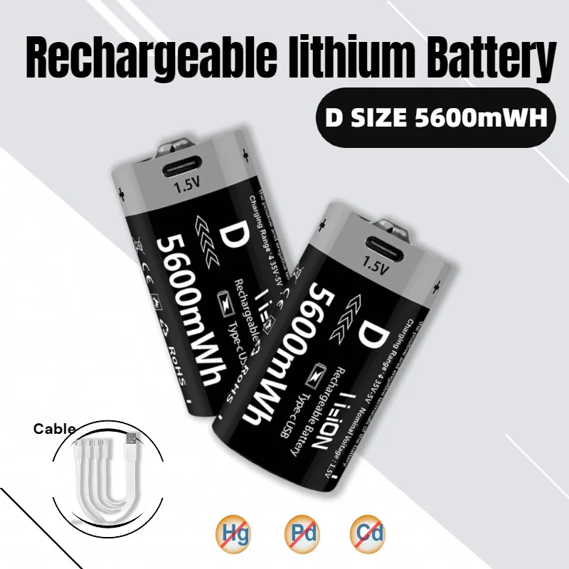 

1.5V 5600mWh USB Rechargeable D Size Battery Lithium-ion LR20 D-Cell Batteries for Gas Cooker Water Heater Flashlight Radio Toys