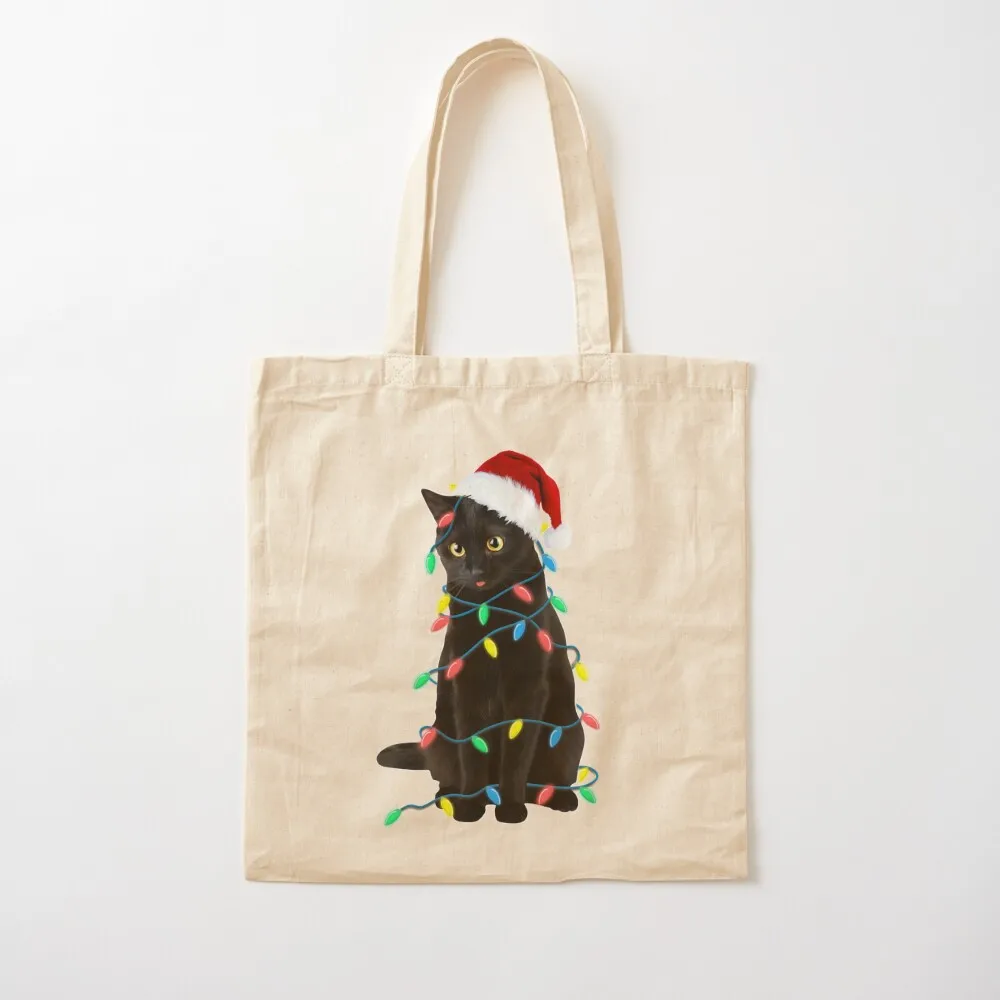 

Black Cat Christmas Led Lights Xmas Tree kitten in Santa hat funny gift Tote Bag Eco bag Lady bags Canvas Tote Bag