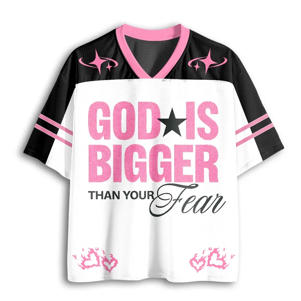 Popular V‑Neck Mesh Sports Jersey Inspirational Slogan Double Sided Print Heart Flame Faith Street Graphic Short Sleeve Tops