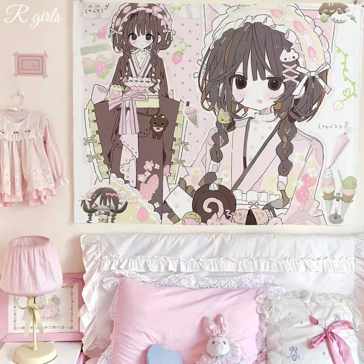 VIKAMA Cat Ear Anime Girl Tapestry Blue Aesthetic Nekomimi Wall Hanging for Otaku Bedroom
