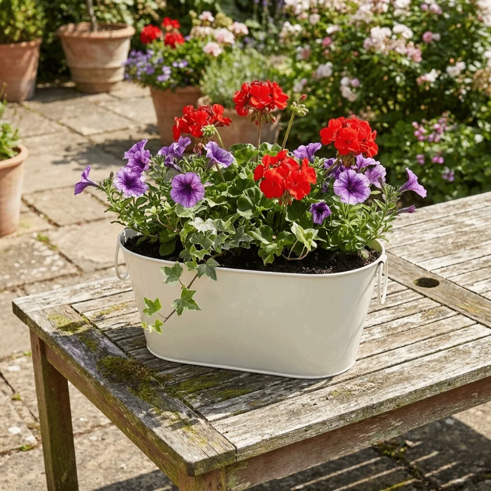 Simple Rustic Iron Flower Pot with Drainage with Handle Flower Container Vintage Plant Pot Indoor