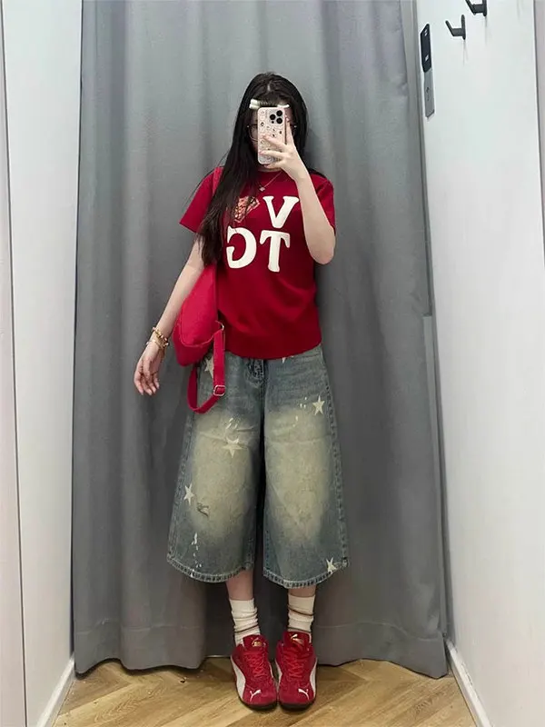 بنطلون جينز نسائي واسع الساق بخصر مرتفع ومقاسات كبيرة، تصميم جديد للصيف مع طباعة نجوم، سروال مستقيم متوسط الطول بقصة فضفاضة