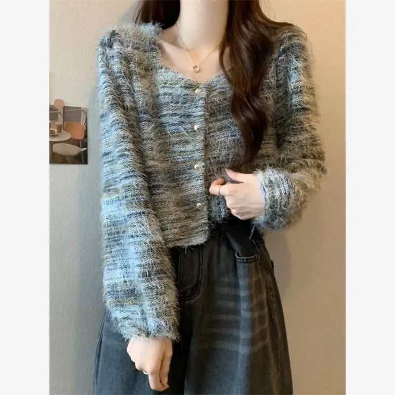 

Мягкий вязаный свитер в полоску в стиле ретро с квадратным воротником Long Sve ort Sle, женский теплый топ на осень-зиму, новинка 2025 г.