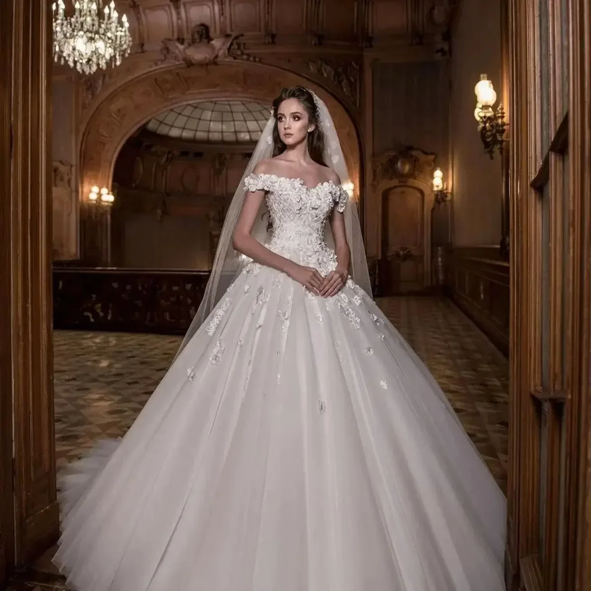 Robes De mariée élégantes robes De bal à fleurs 3D hors De l'épaule perles robes De Novia personnalisé grande taille robe De mariée