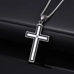Mens Stainless Steel Cross Necklaces,Cross Center Zircon Pendant Collars with Black Glue Edge,Stylish Classic Jewelry Gifts