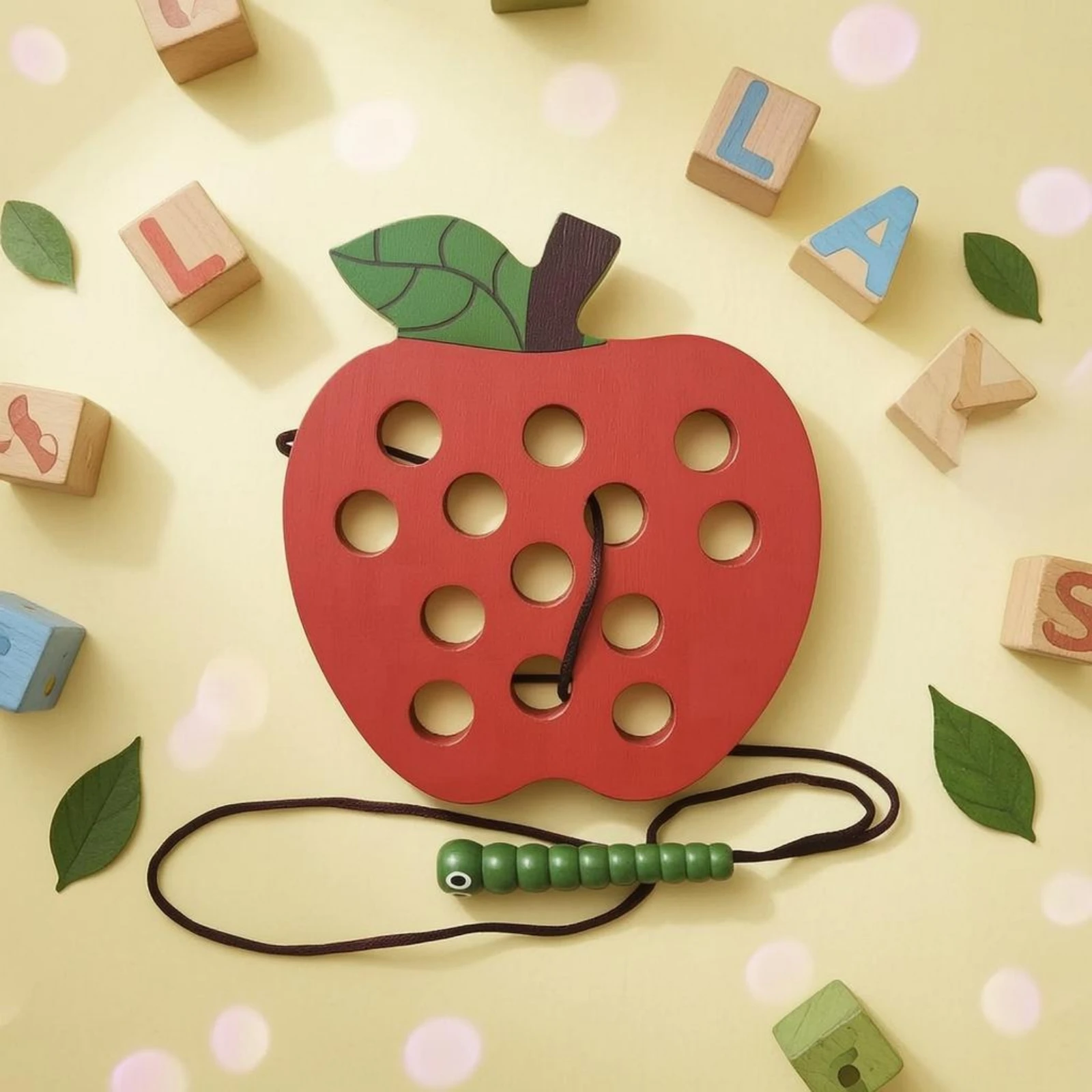 キャタピラーレースおもちゃ-微細運動能力向上-木製レースボード-キャタピラスレッディングおもちゃ-手と目の協調性向上-カットアウト穴付き