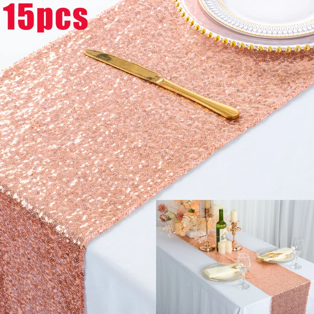 

15 Packs Golden Sequin Table Runners 108 Inches Long 12'' Width Sparkling Table Decorations Glitter Rectangle Table Runner
