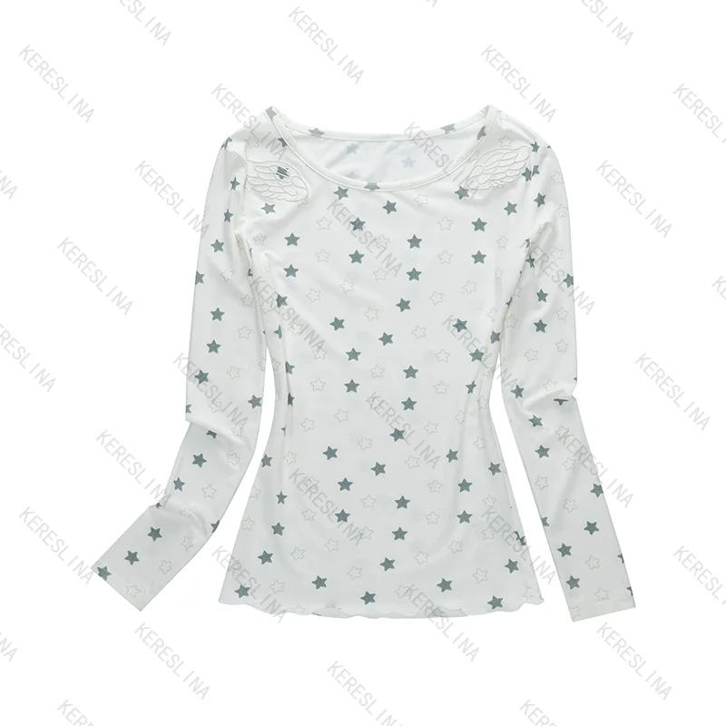 Y2k Sweet Cutie Kawaii Style Girly Star Printed Long Sleeve Round Neck T-shirt Top Spring Autumn Retro Fashion Long Sleeve Top