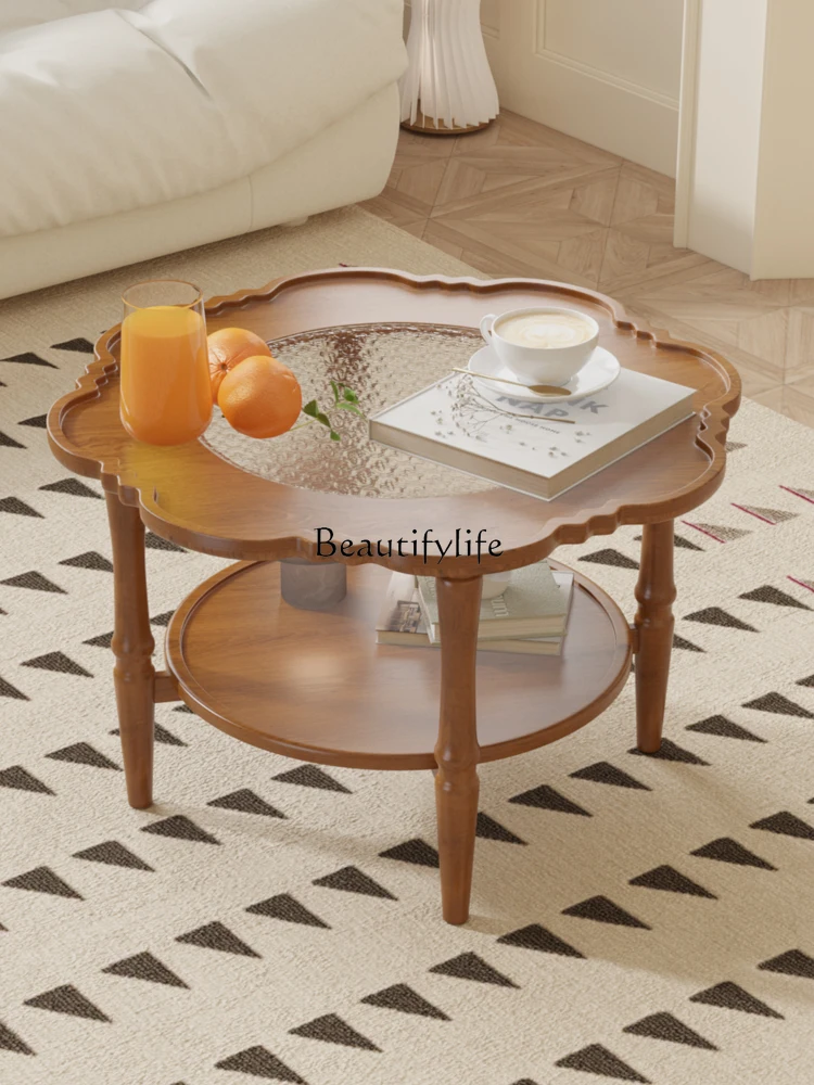 

French retro round creative solid wood small tea table Japanese edge table glass upper and lower layers