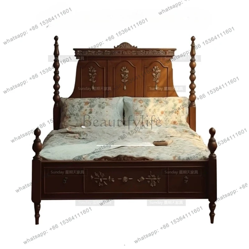

Neoclassical carved Roman column princess bed French light luxury retro double solid wood bed