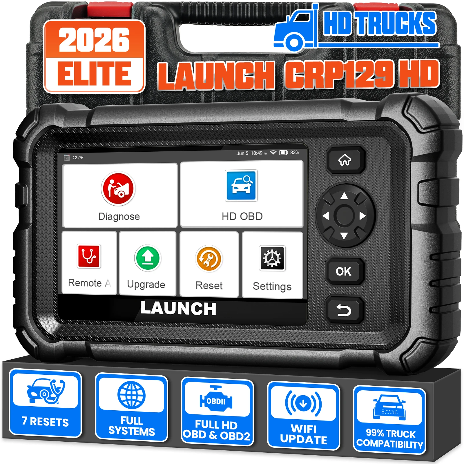 LAUNCH CRP129 HD Elite 24V camion robuste tous les systèmes outils de Diagnostic 7 services injecteur de limite de vitesse d'huile DPF OBD2
