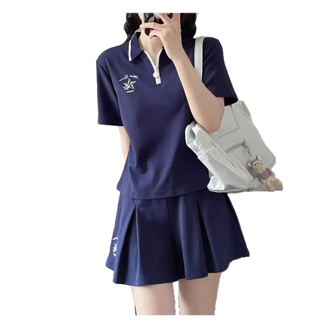 

Women's College Style Casual Sports Suit Summer POLO Collar Short-Sleeved T-shirt with Pants And Skirt Two-Piece Set
