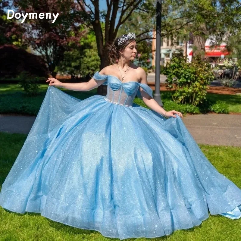 Doymeny Glittering Tulle Off Shoulder Quinceanera Dresses Ball Gown Sweep Train Mexican Beaded Vestidos De 15 Anos