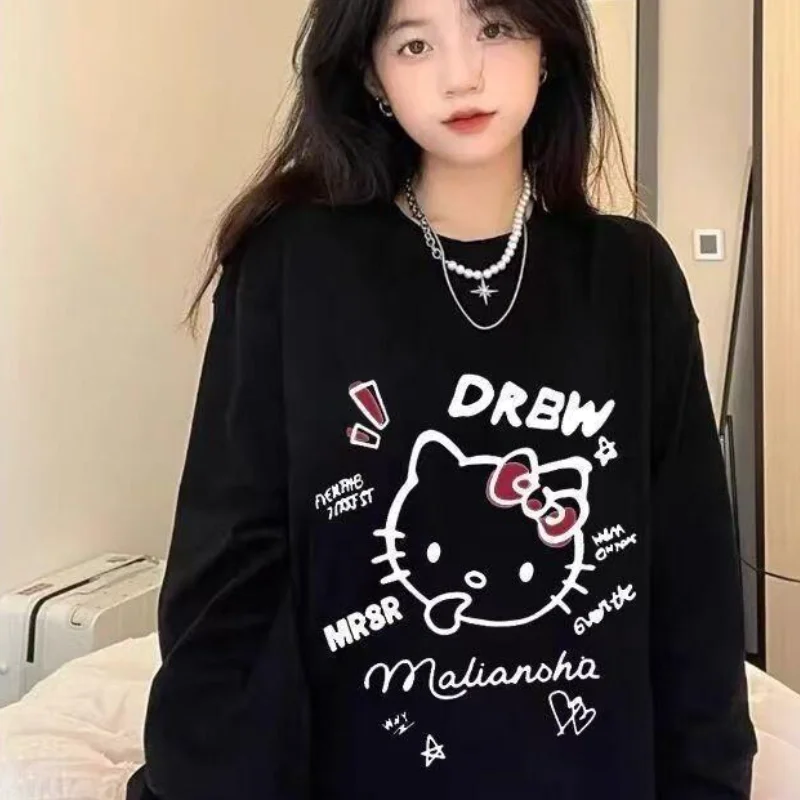 

Женская футболка Sanrio с мультяшным принтом, свободного кроя, оверсайз, с длинными рукавами, новая весенне-осенняя модная повседневная футболка в стиле кэжуал