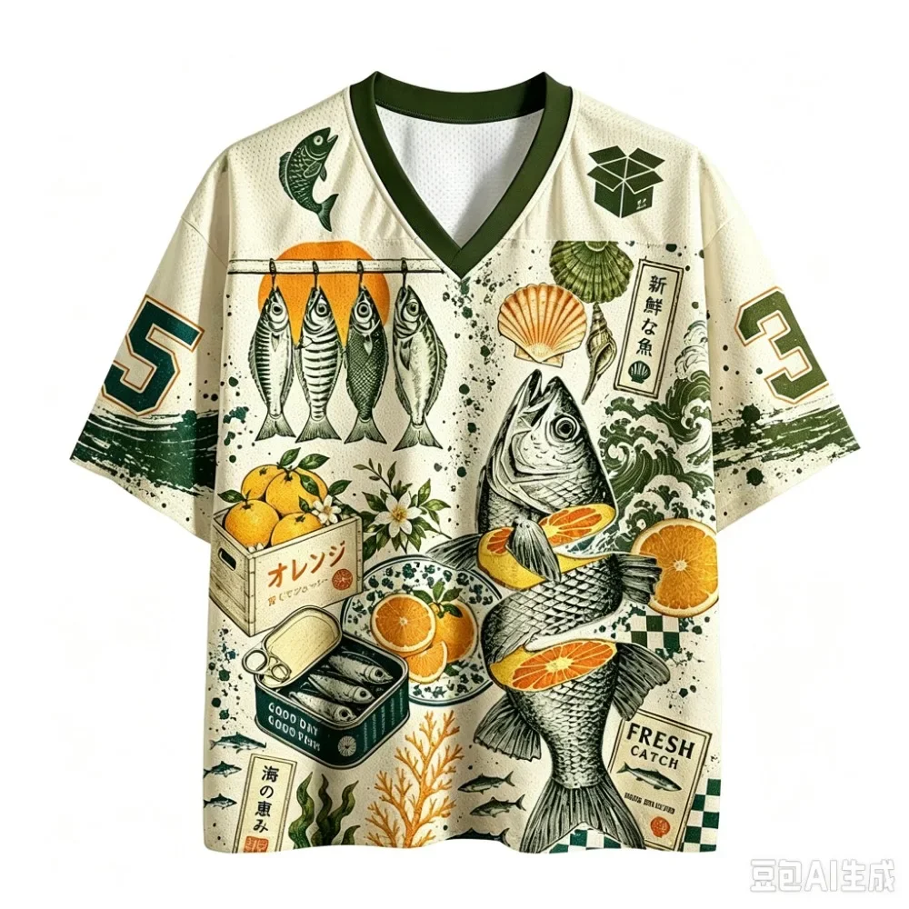 Unisex Vintage Japanese Seafood Wave3D Print V-neck Plus-size Jersey Tshirt Summer Breathable Oversized Street Short Sleeve Tops