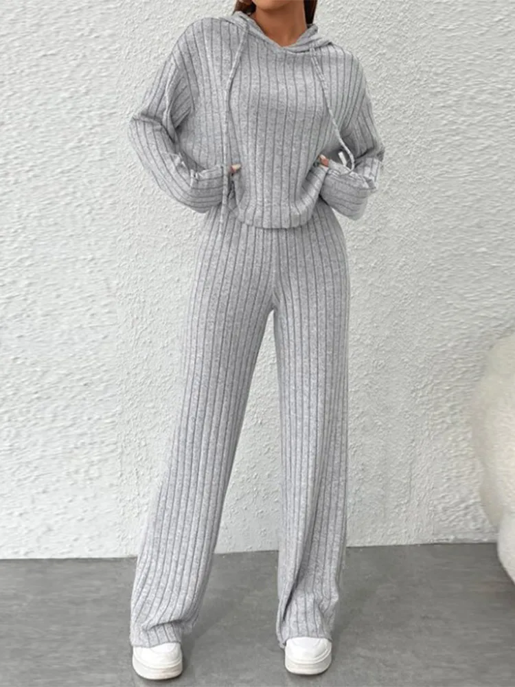 Knitted Hoodies Suit With Long Pants Women Casual Solid Long Sleeved Hoodie High Waist Pant Lady Autumn Chic Outdoor Outfits