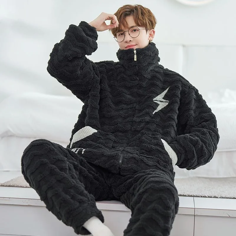 Male Coral Velvet Pajamas Winter Men Fleece-lined Thickened Flannel Homewear Suit Stand-up Collar Thermal Large Size Sleepwear