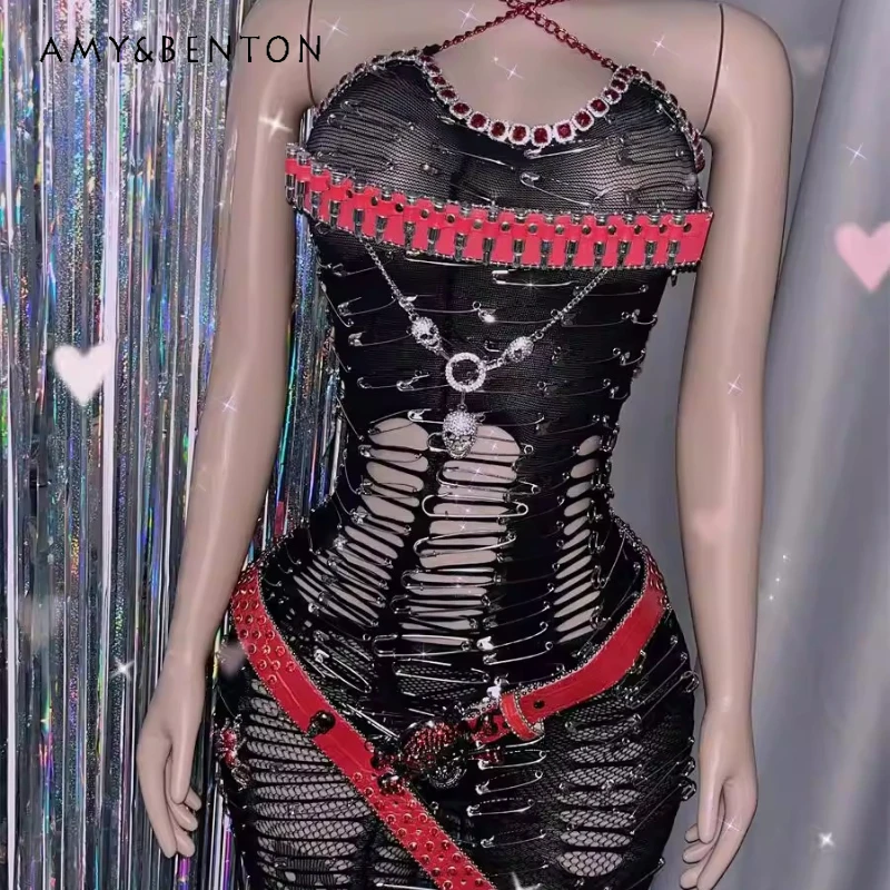 

European American Y2K Hot Girl Punk Subculture Slimming Women's Dress 2025 New Gothic Dark Hollow Out Mesh Sexy Dresses Ladies