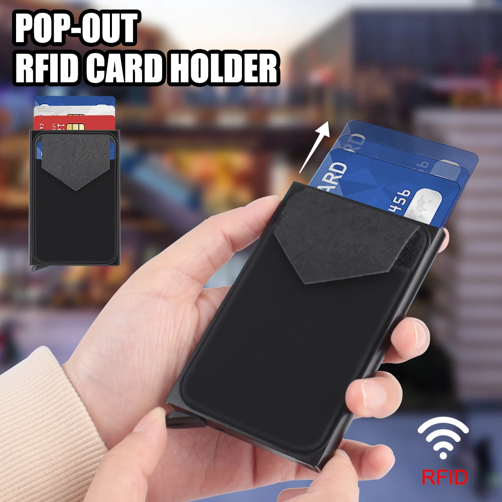 Ultrathin ID Card Credit Card Holder With Elasticity Back Pouch Automatic Pop RFID Wallet Aluminum Credit Card Box