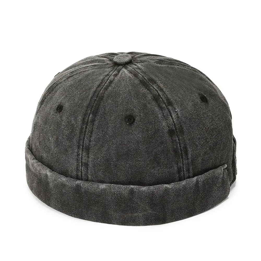 Outdoor Washed Denim Brimless Docker Cap Solid Color Adjustable Vintage Dome Hat Cotton Melon Beanie Cap Boy Girls